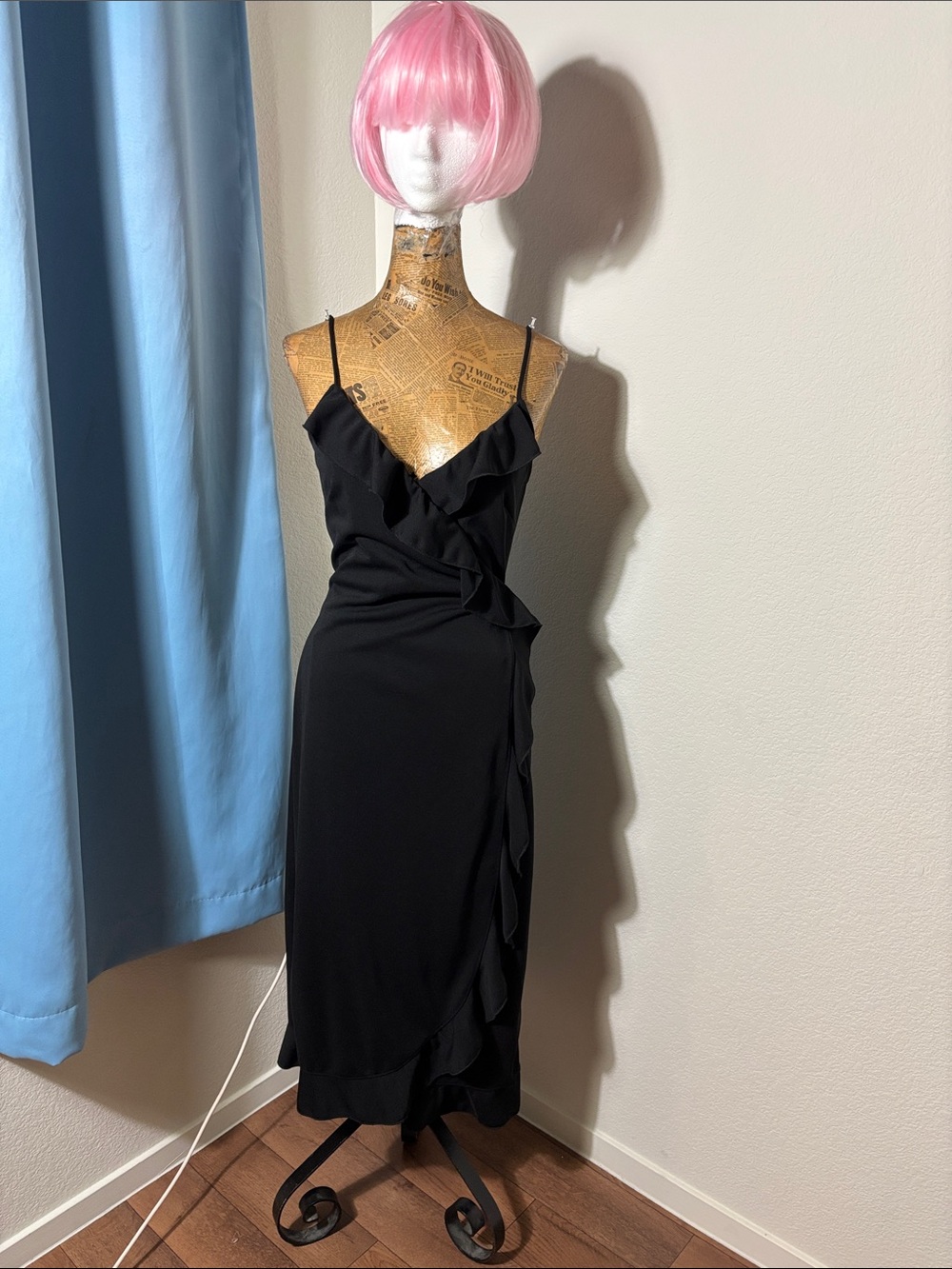 Vintage Express wrap dress 9/10 black ruffle sexy midi MADE USA Whimsygoth y2k